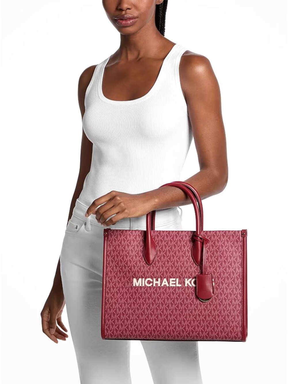 New Michael Kors Mirella Medium Metallic Signature Logo Tote Bag Cherry